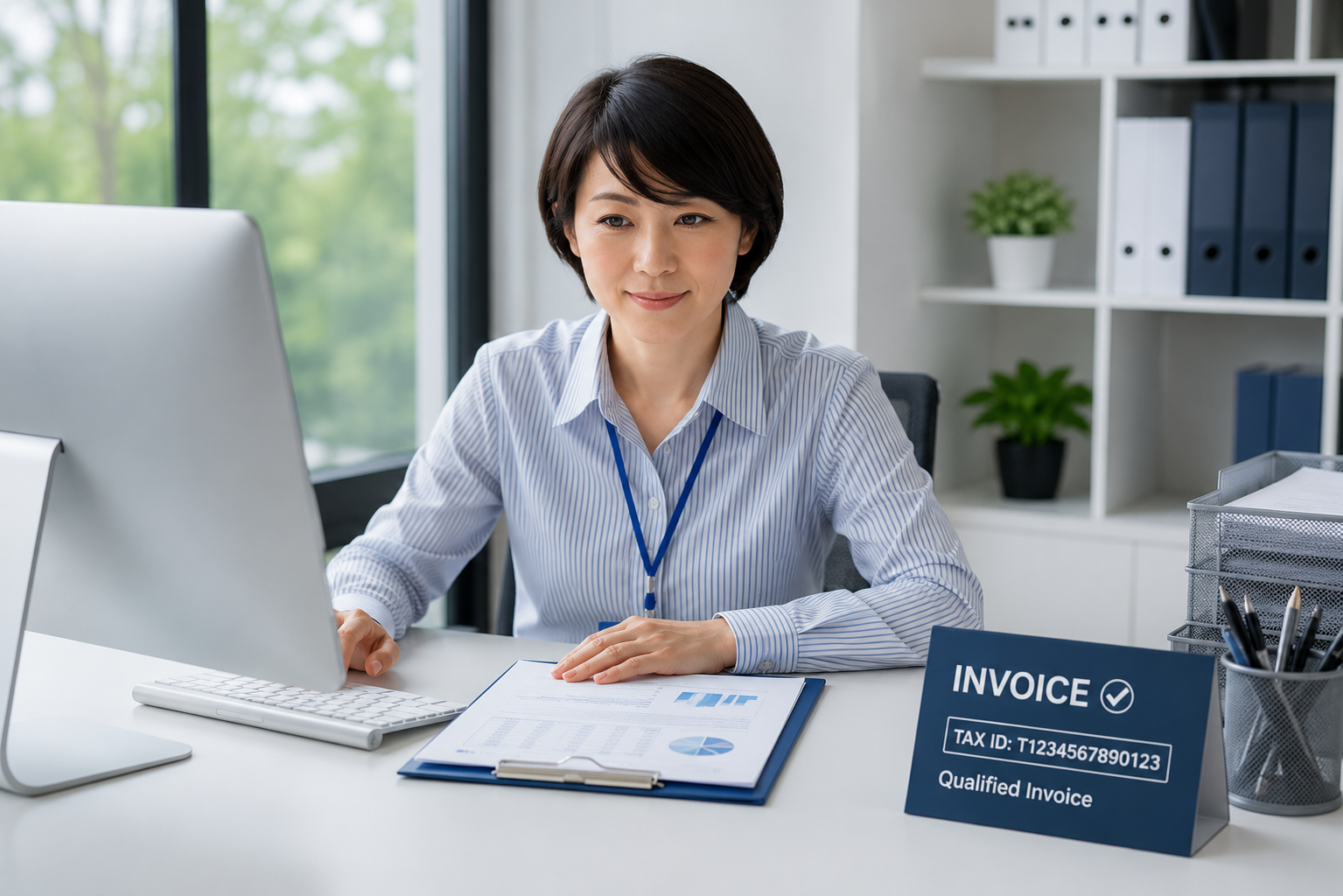 Office worker reviewing invoice documents beside a laptop and calculator