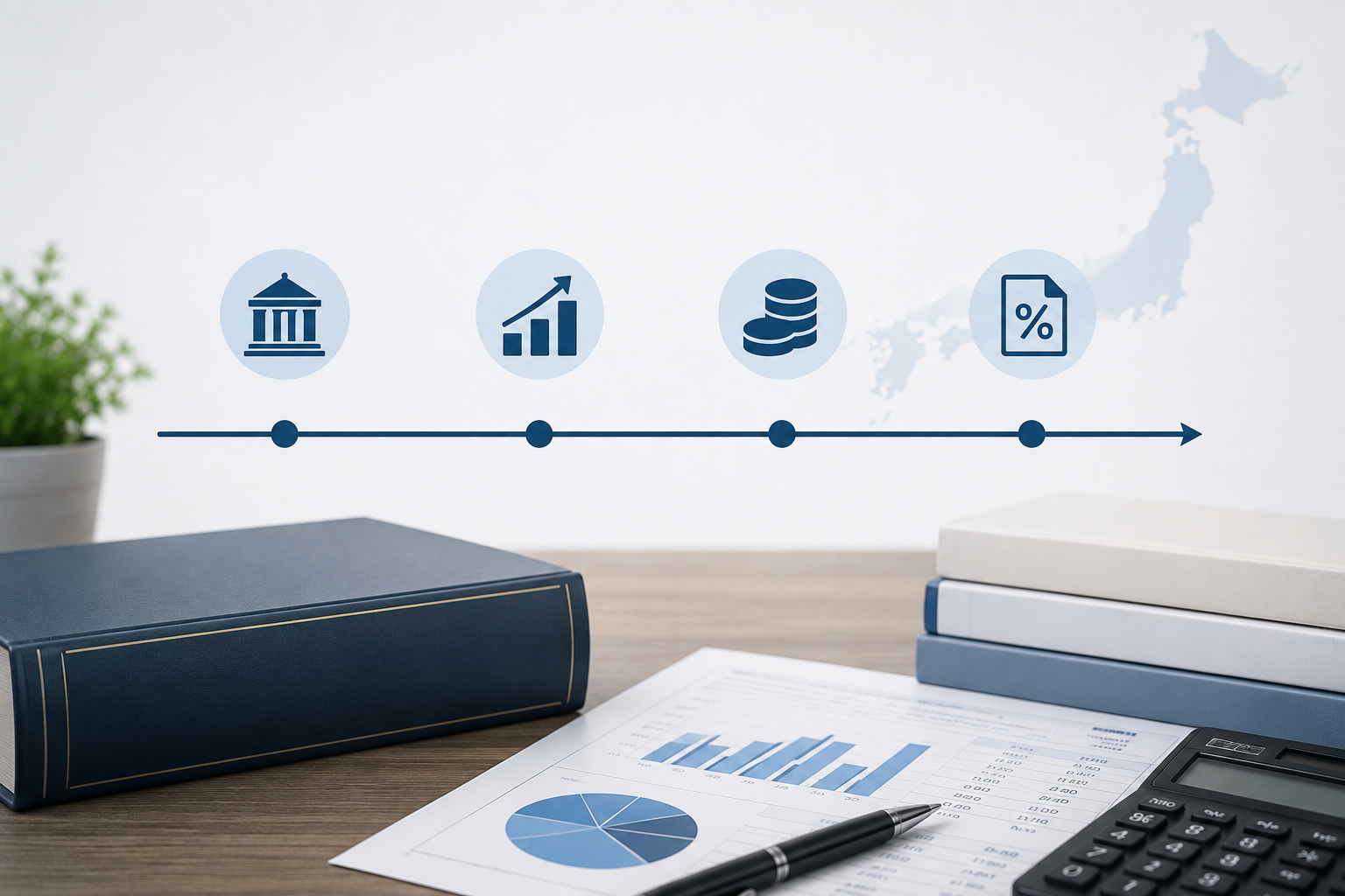 Tax and finance symbols over paperwork, a calculator, and a map of Japan