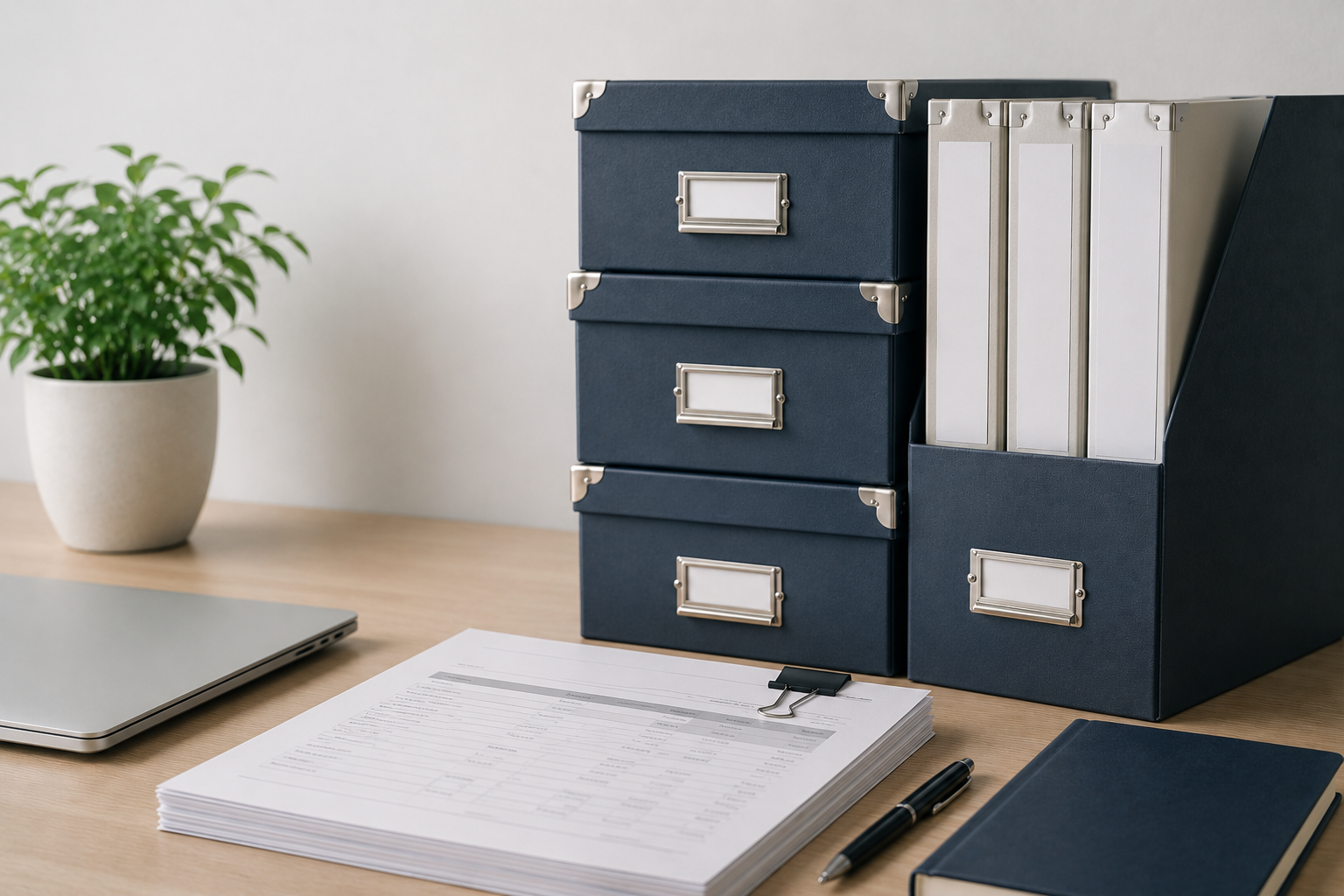 File storage boxes, binders, and paper documents on an office desk