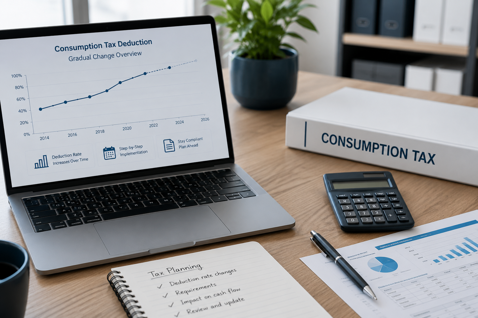 Laptop showing a tax deduction chart beside a consumption tax binder and calculator