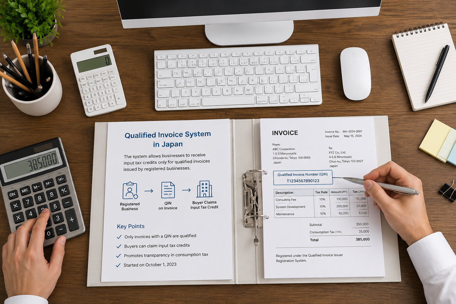 Reviewing a qualified invoice beside a calculator and an invoice system reference sheet