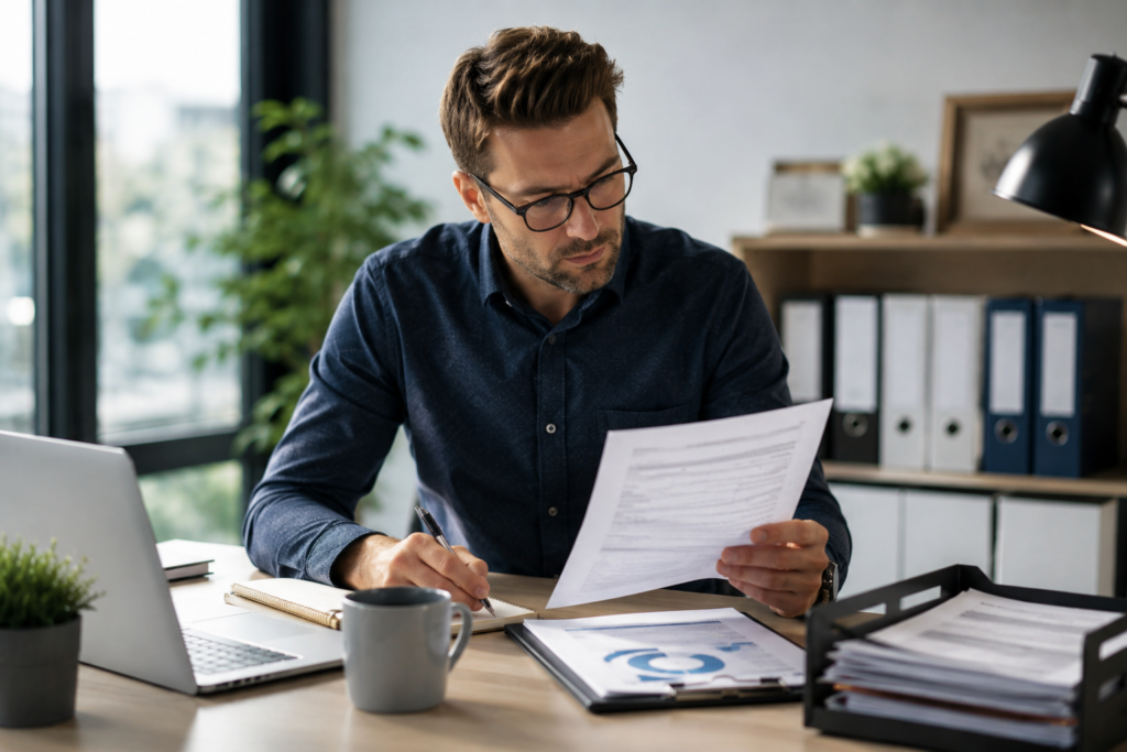 Office worker comparing paper records and financial reports beside a laptop