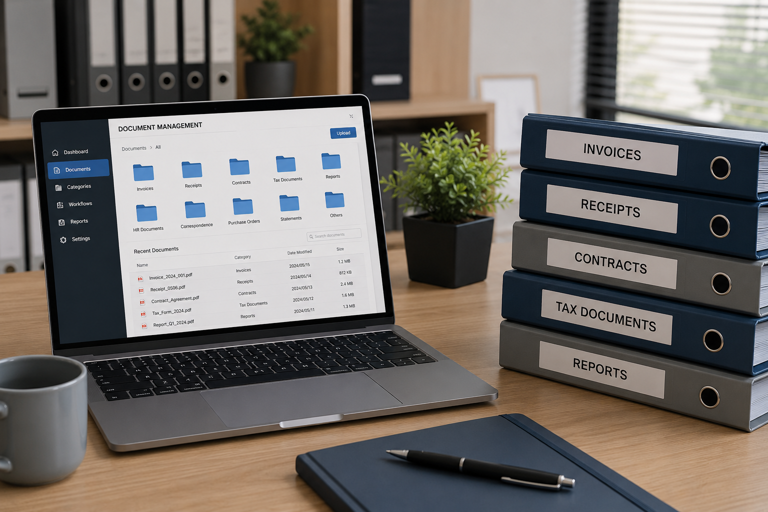 Laptop showing digital document folders beside paper invoices, receipts, and contracts
