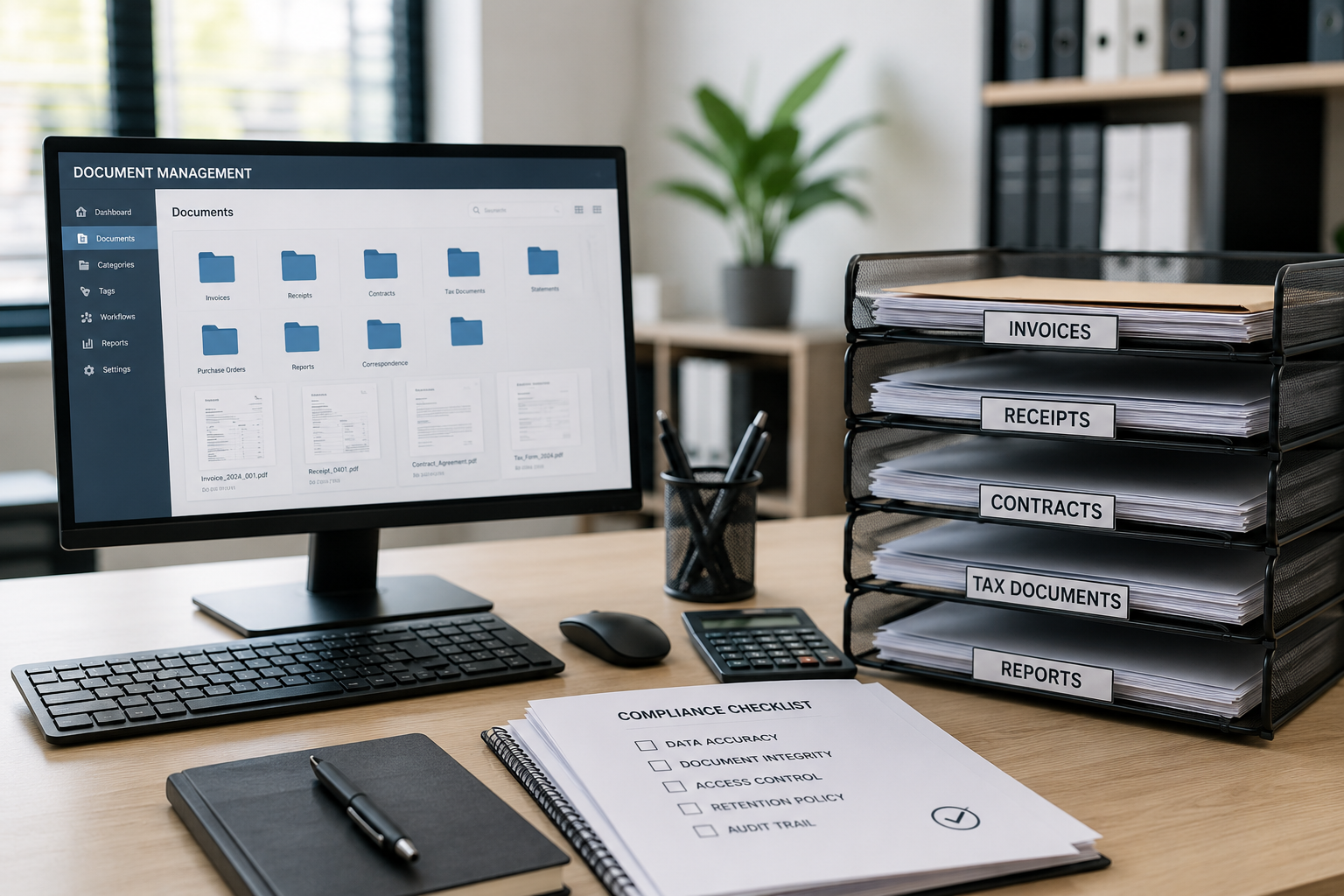 Desktop screen showing document folders beside stacked invoices and tax documents