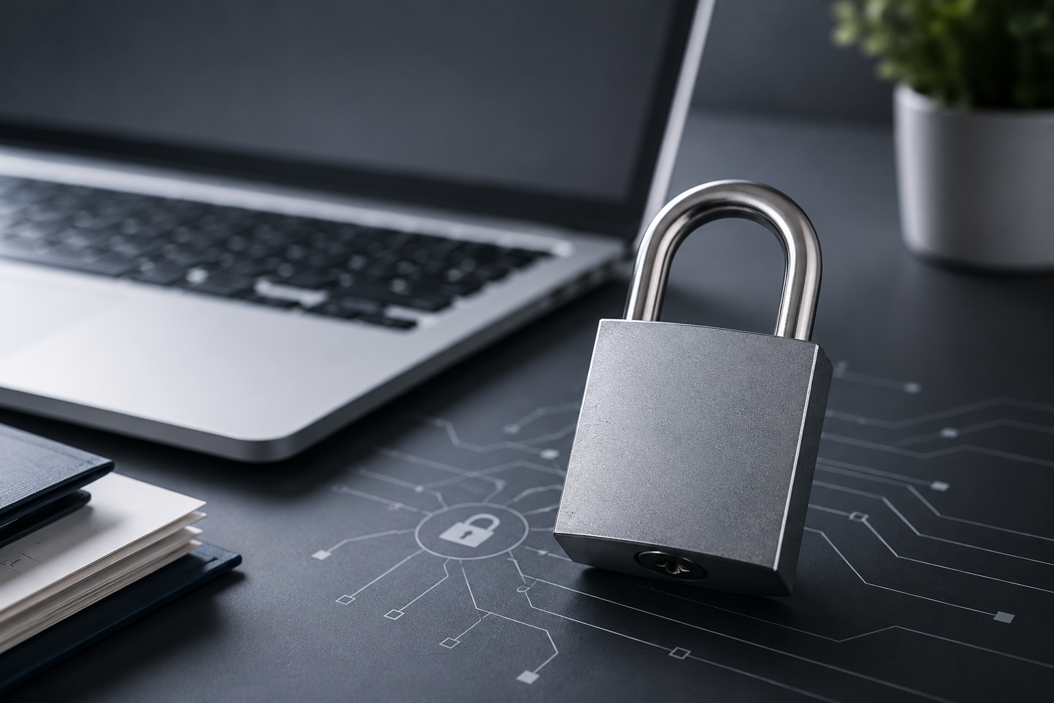 Padlock on a desk beside a laptop and a digital security diagram