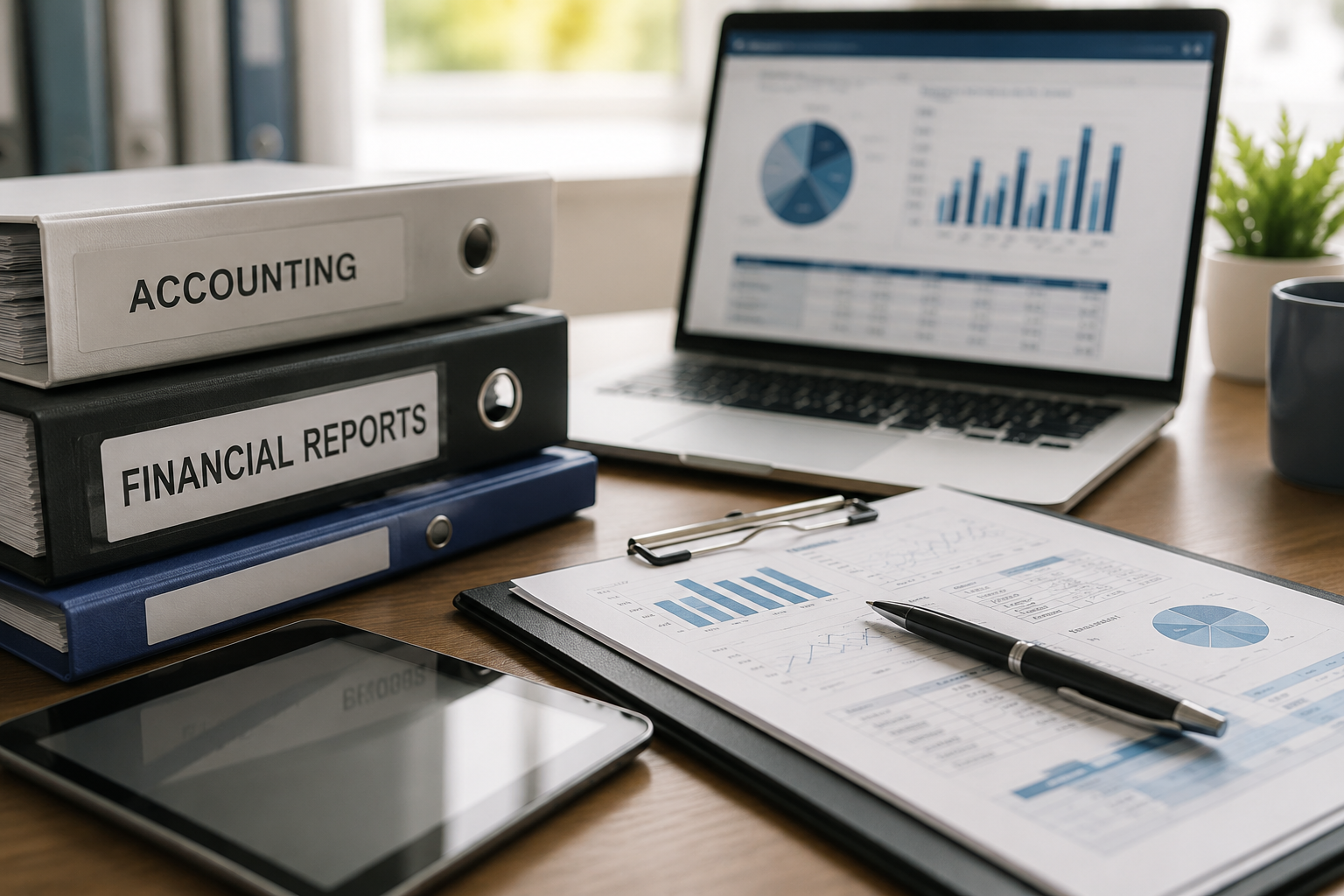 Accounting and financial report binders beside a laptop and printed reports