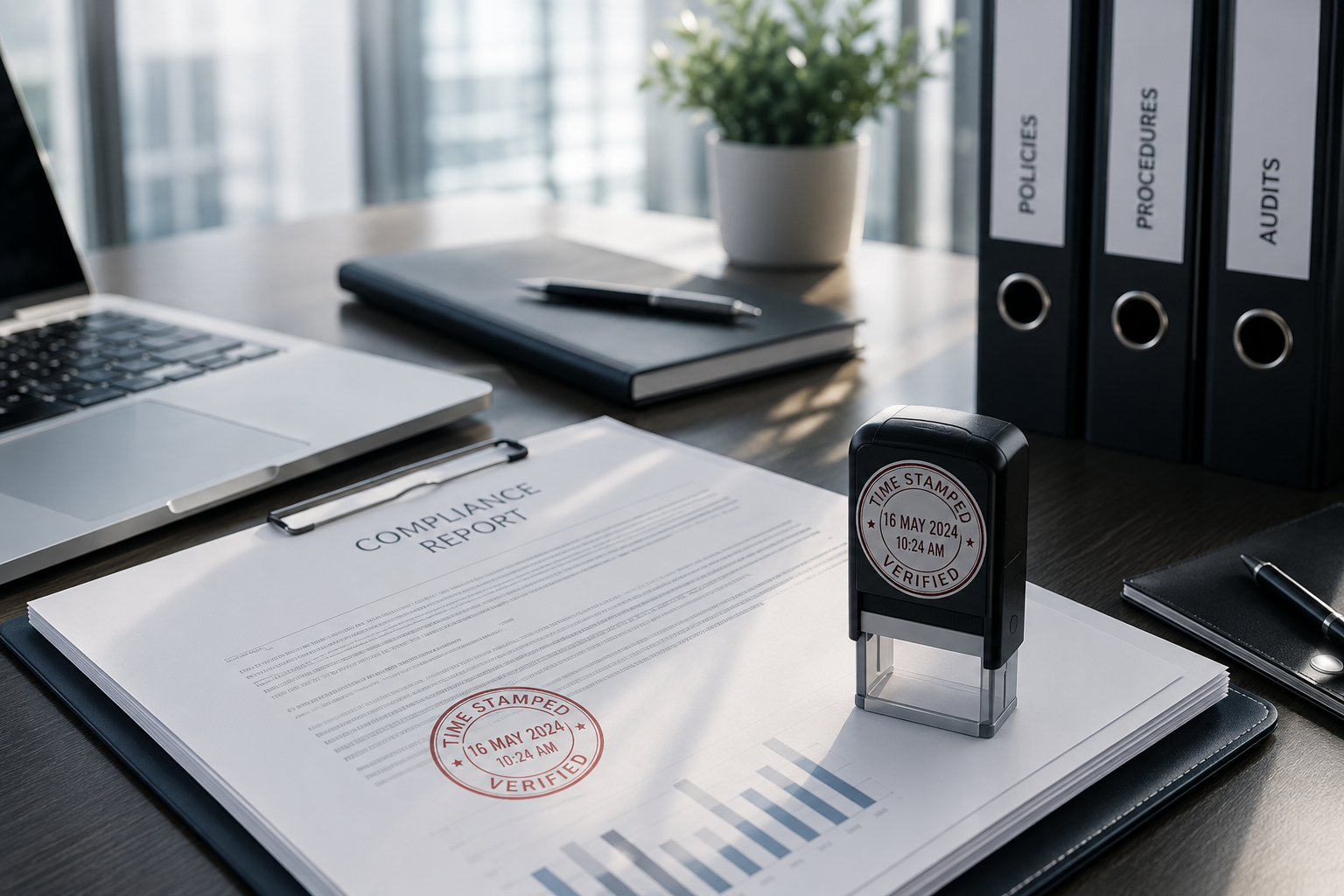 Timestamp stamp beside a document preservation record and office files