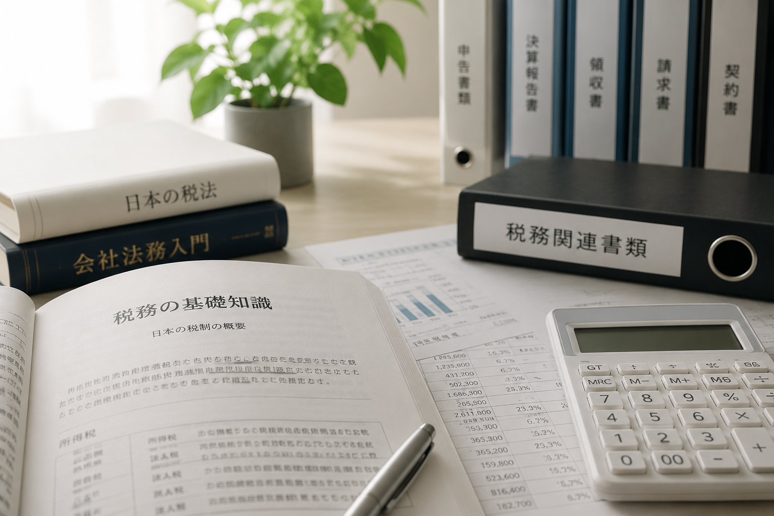 Japanese tax law reference books, a tax document binder, and a calculator