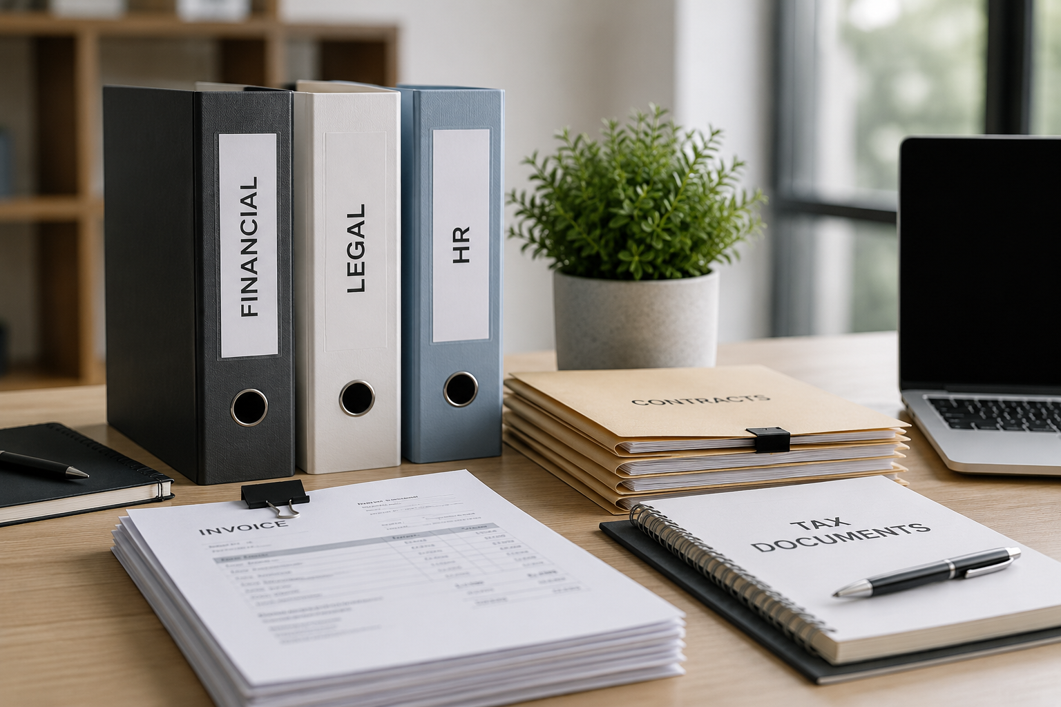 Financial, legal, and HR binders beside a tax document file and paper records