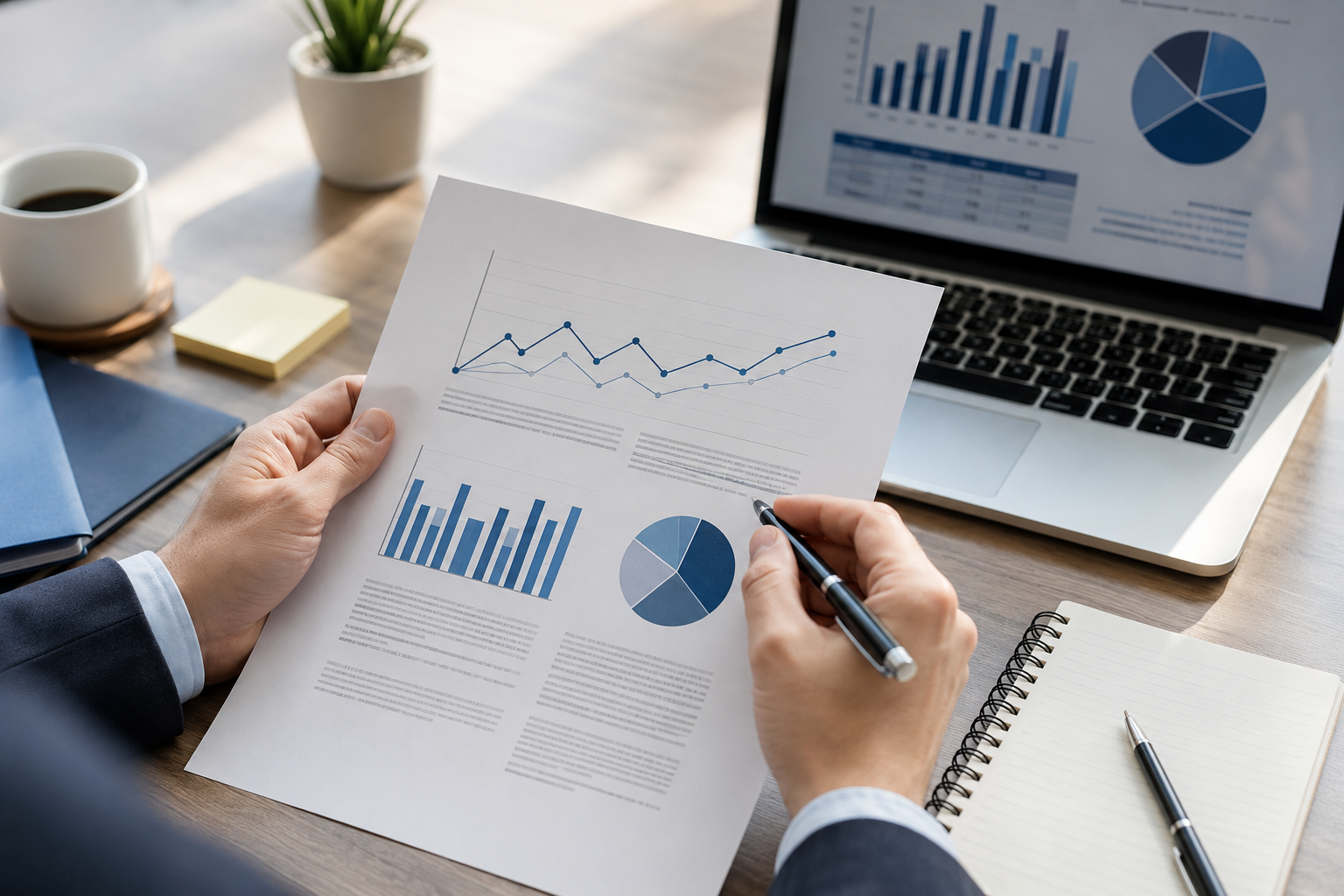 Reviewing printed charts beside a laptop displaying financial reports