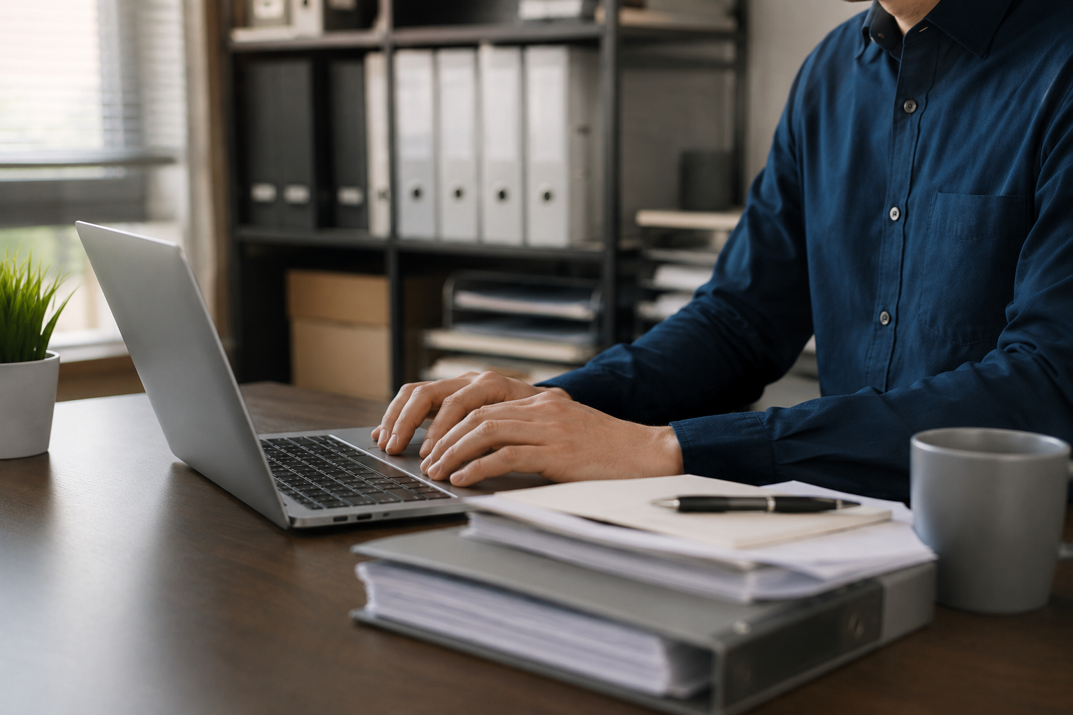 Office worker using a laptop beside stacked document files