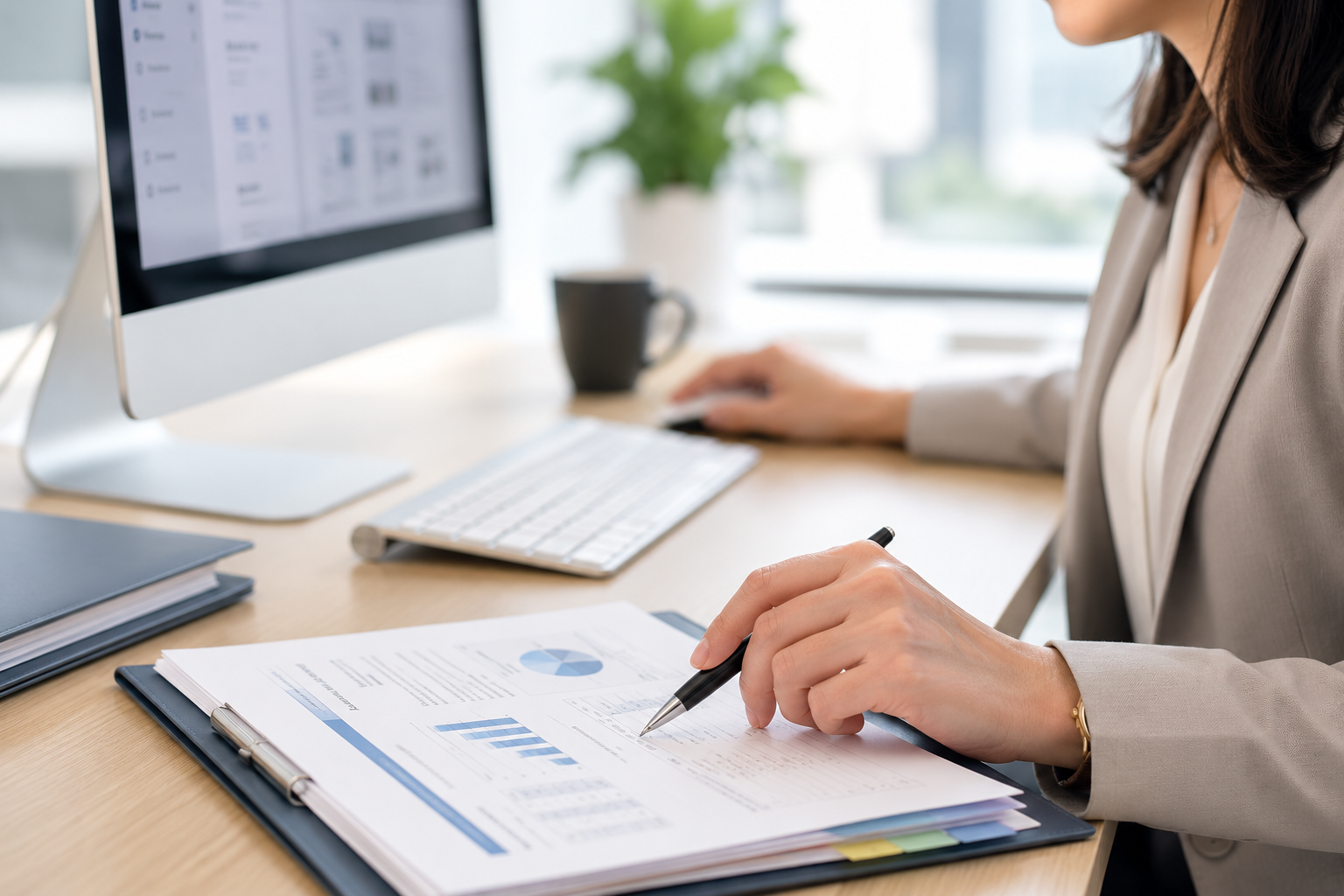 Office worker reviewing printed reports beside a desktop computer