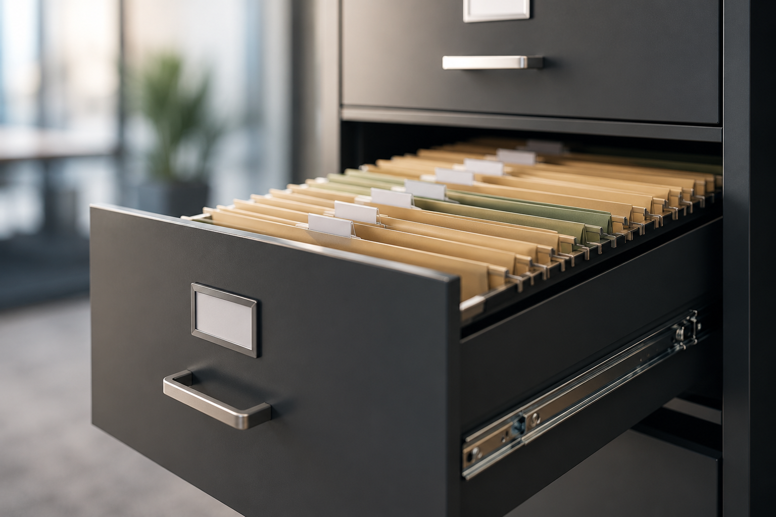 Open filing cabinet drawer containing labeled document folders