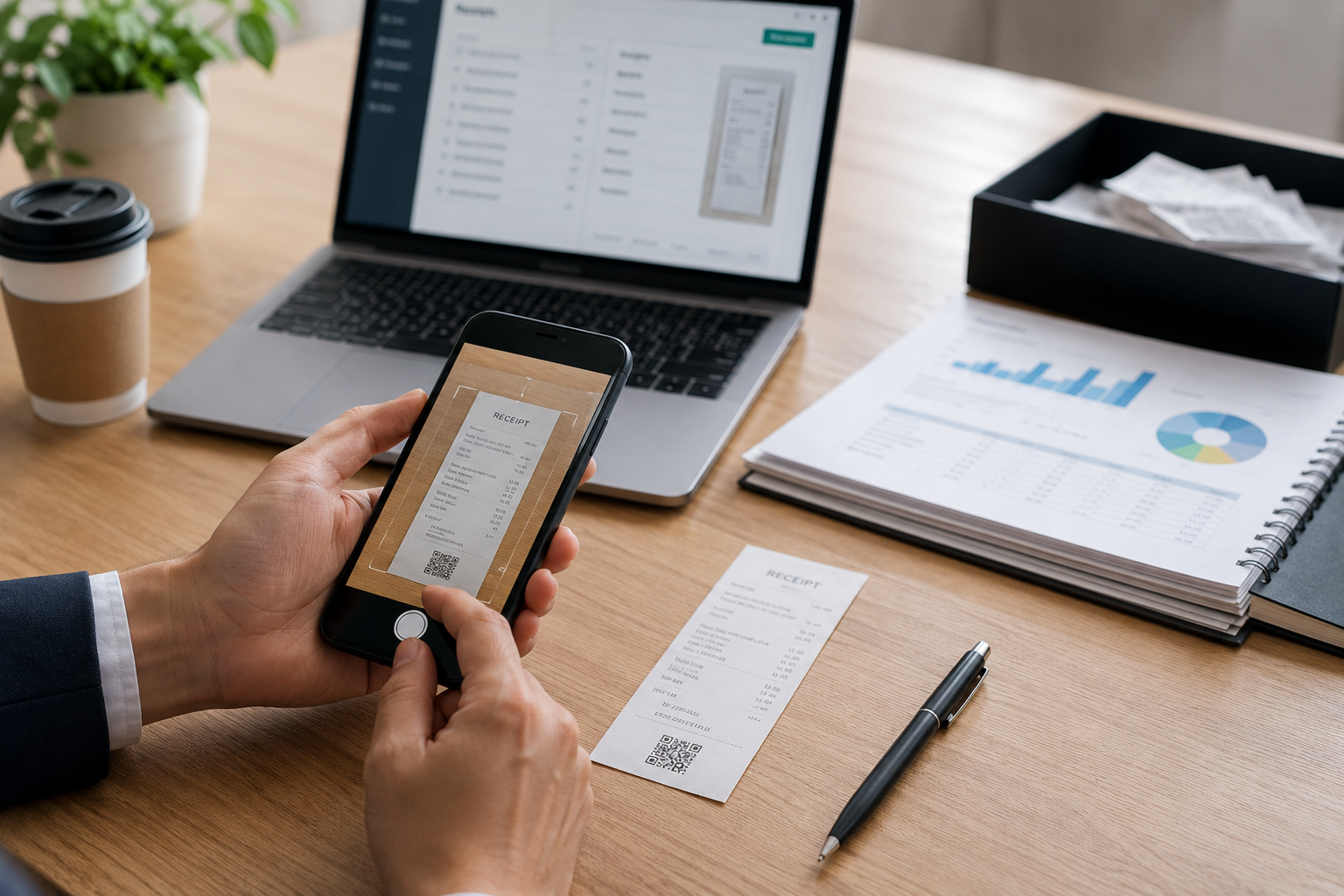 Using a smartphone to review a receipt beside a laptop and financial reports