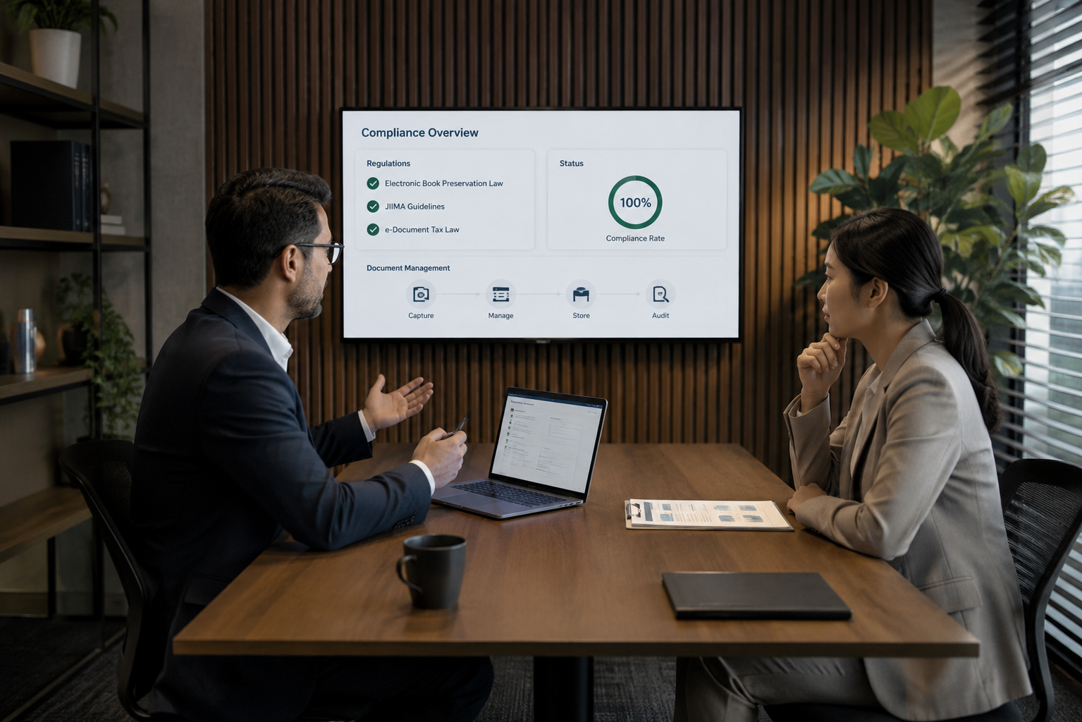 Two professionals reviewing a document compliance dashboard in a meeting