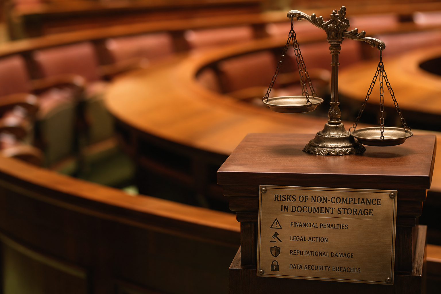 Balance scales above a plaque about document compliance risks