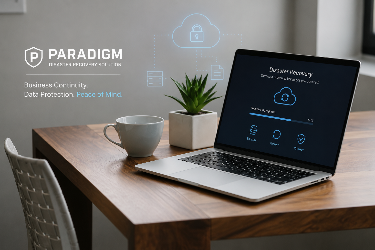 Laptop displaying a disaster recovery screen with data protection symbols