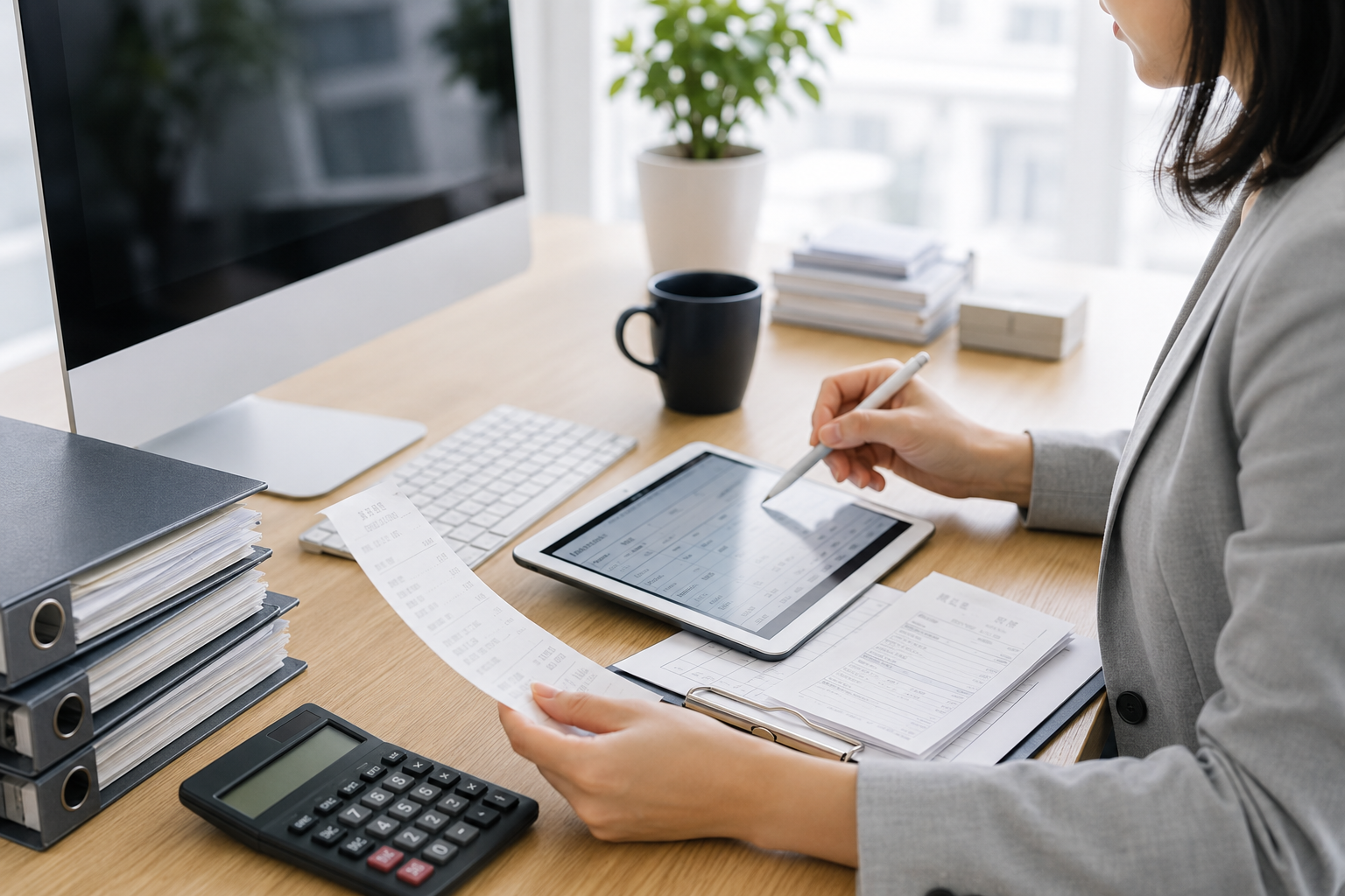 Office worker entering records on a tablet beside paper documents and a calculator