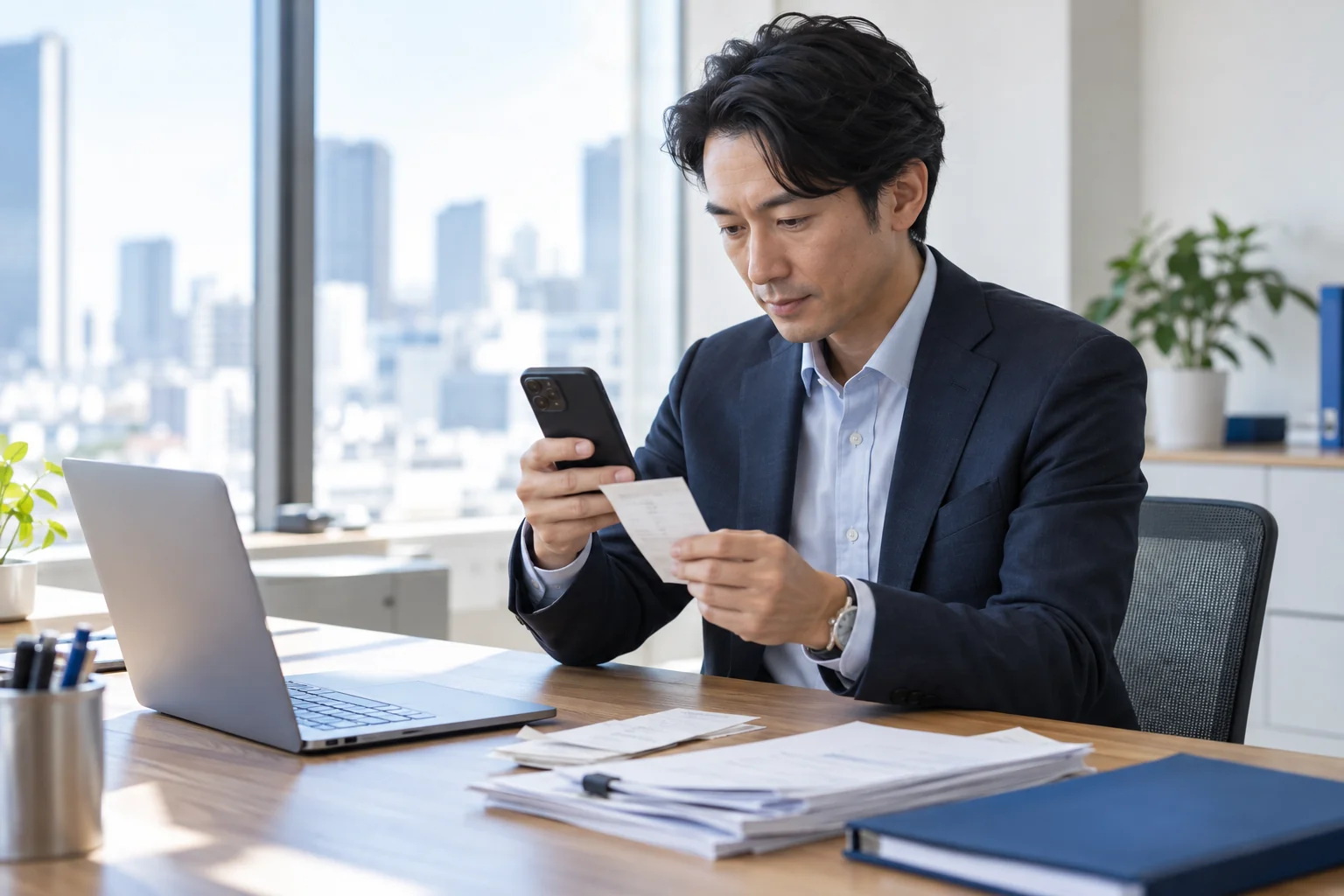 Office professional capturing a paper receipt with a smartphone beside a laptop.
